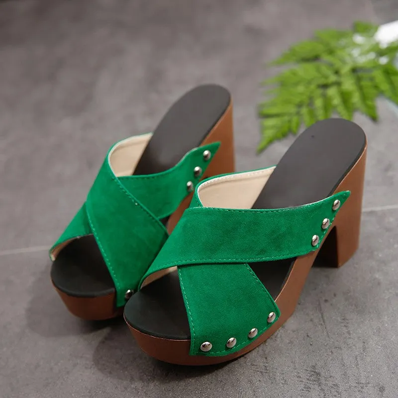 blue Summer New trend Peep-toe Off Shoulder rivet overlapping Bandage High heels Rough The thickness of the bottom PlatformHeight Rome