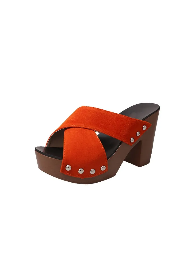 blue Summer New trend Peep-toe Off Shoulder rivet overlapping Bandage High heels Rough The thickness of the bottom PlatformHeight Rome