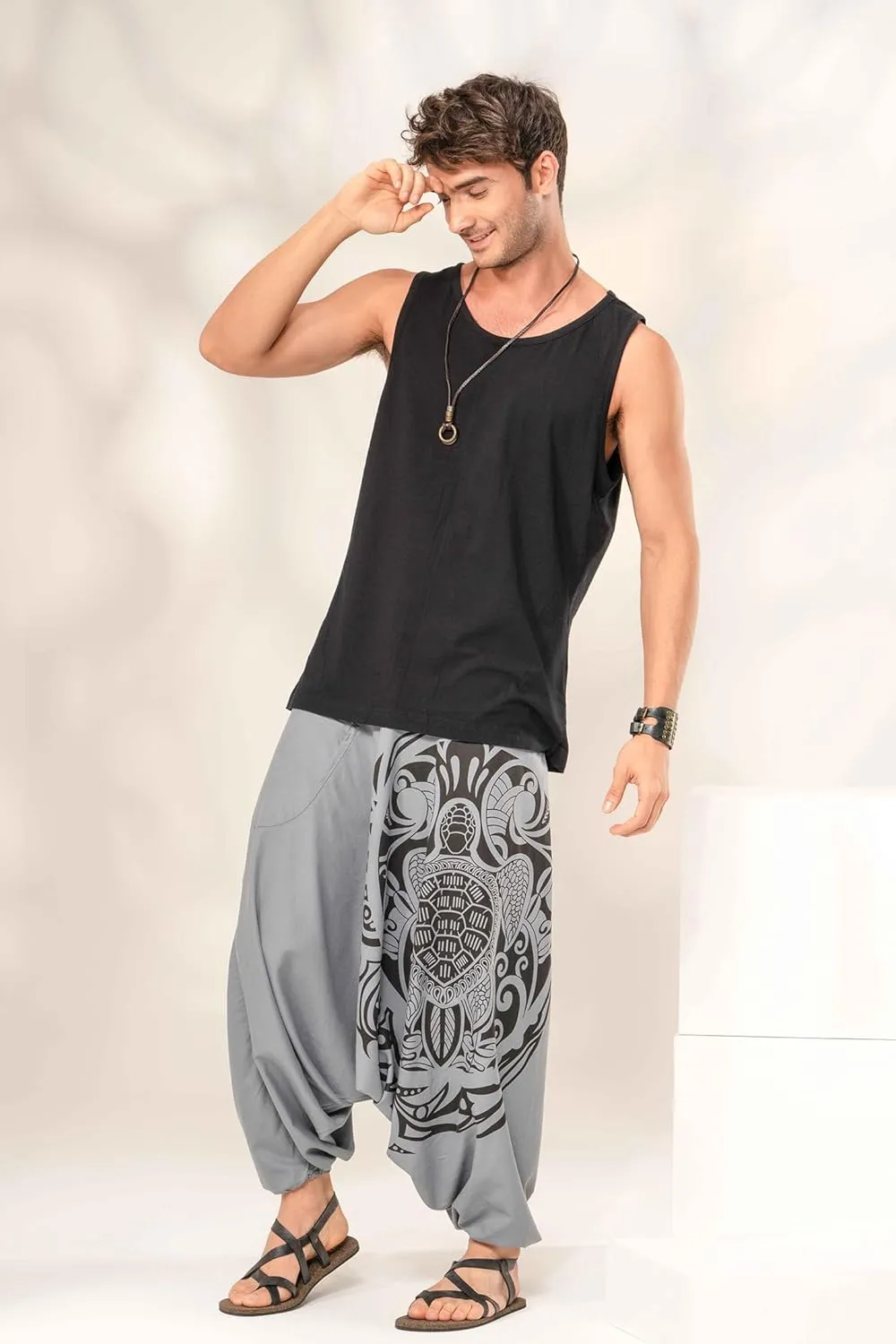 Boho Pants Elastic Ankle Harem for Men, Oversized Exercise Pajama Jogger Loose Boho Aladdin Pant