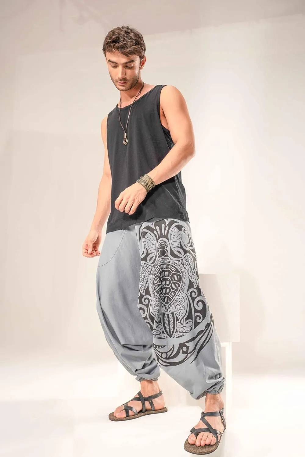 Boho Pants Elastic Ankle Harem for Men, Oversized Exercise Pajama Jogger Loose Boho Aladdin Pant