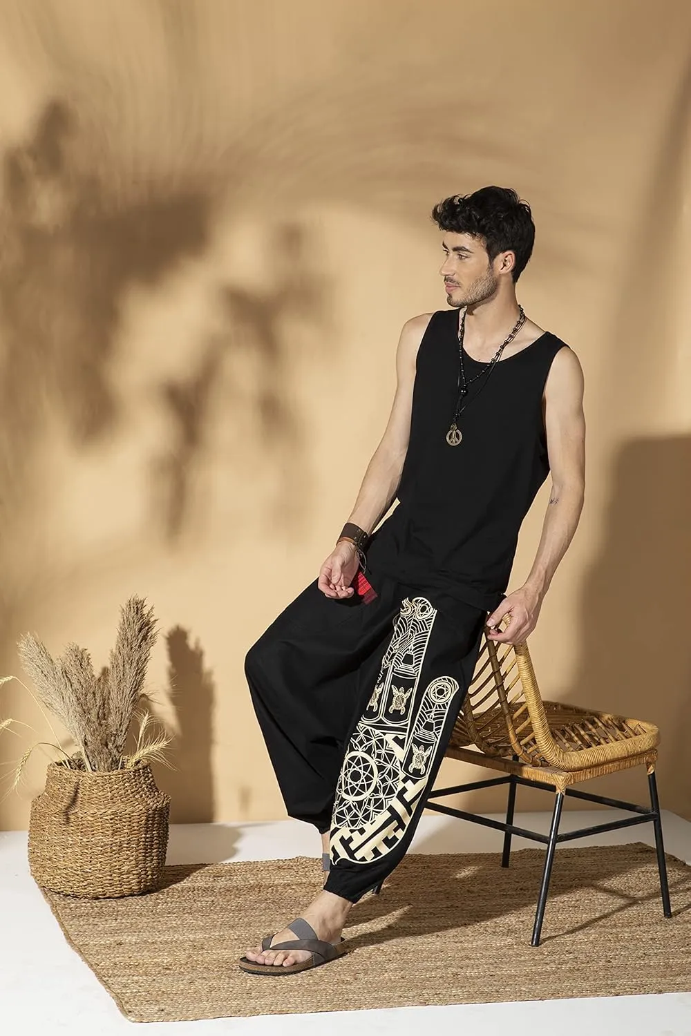 Boho Pants Elastic Ankle Harem for Men, Oversized Exercise Pajama Jogger Loose Boho Aladdin Pant