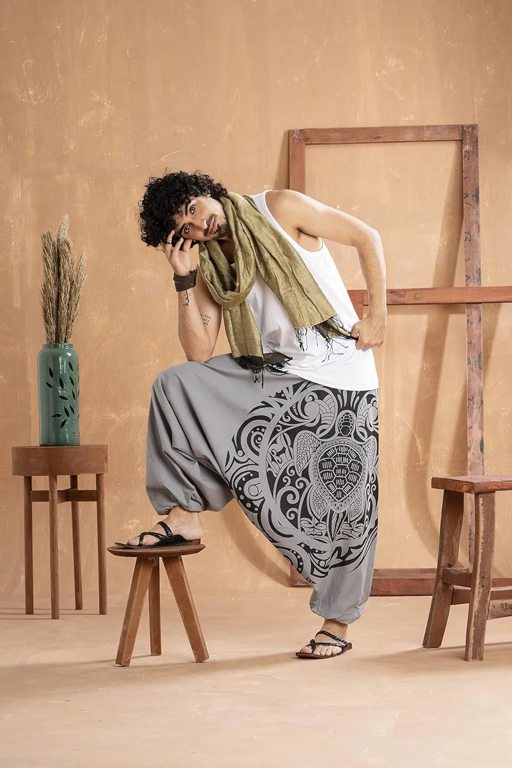 Boho Pants Elastic Ankle Harem for Men, Oversized Exercise Pajama Jogger Loose Boho Aladdin Pant