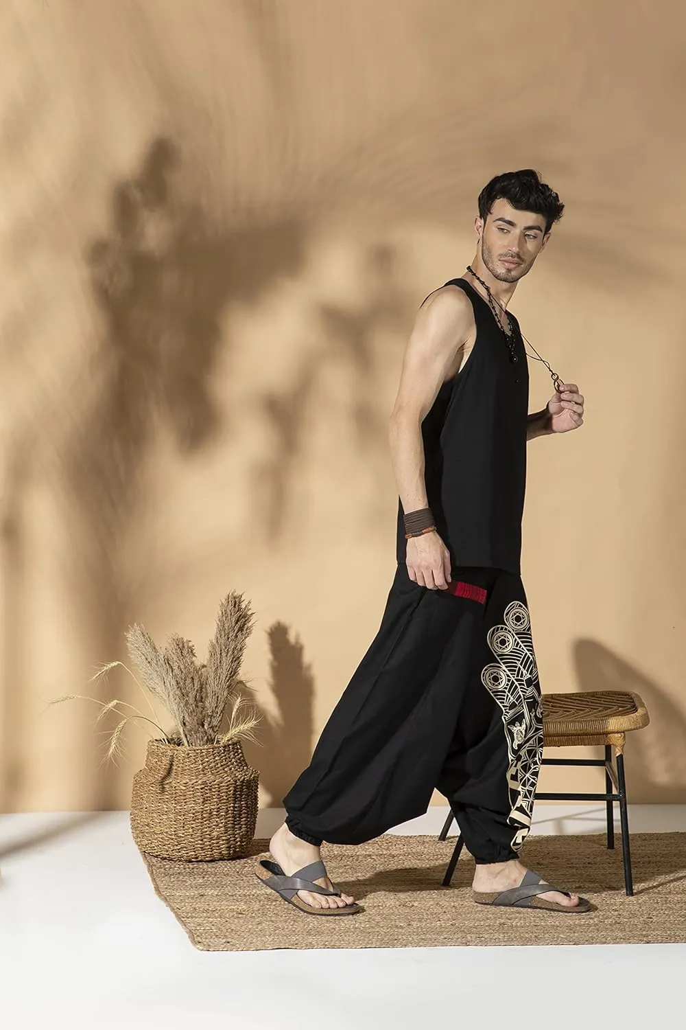 Boho Pants Elastic Ankle Harem for Men, Oversized Exercise Pajama Jogger Loose Boho Aladdin Pant