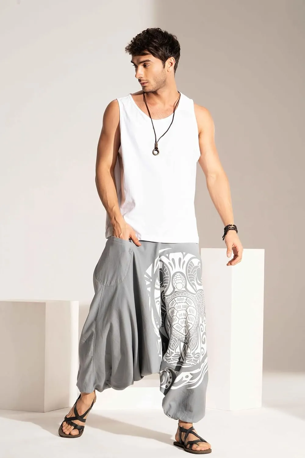 Boho Pants Elastic Ankle Harem for Men, Oversized Exercise Pajama Jogger Loose Boho Aladdin Pant