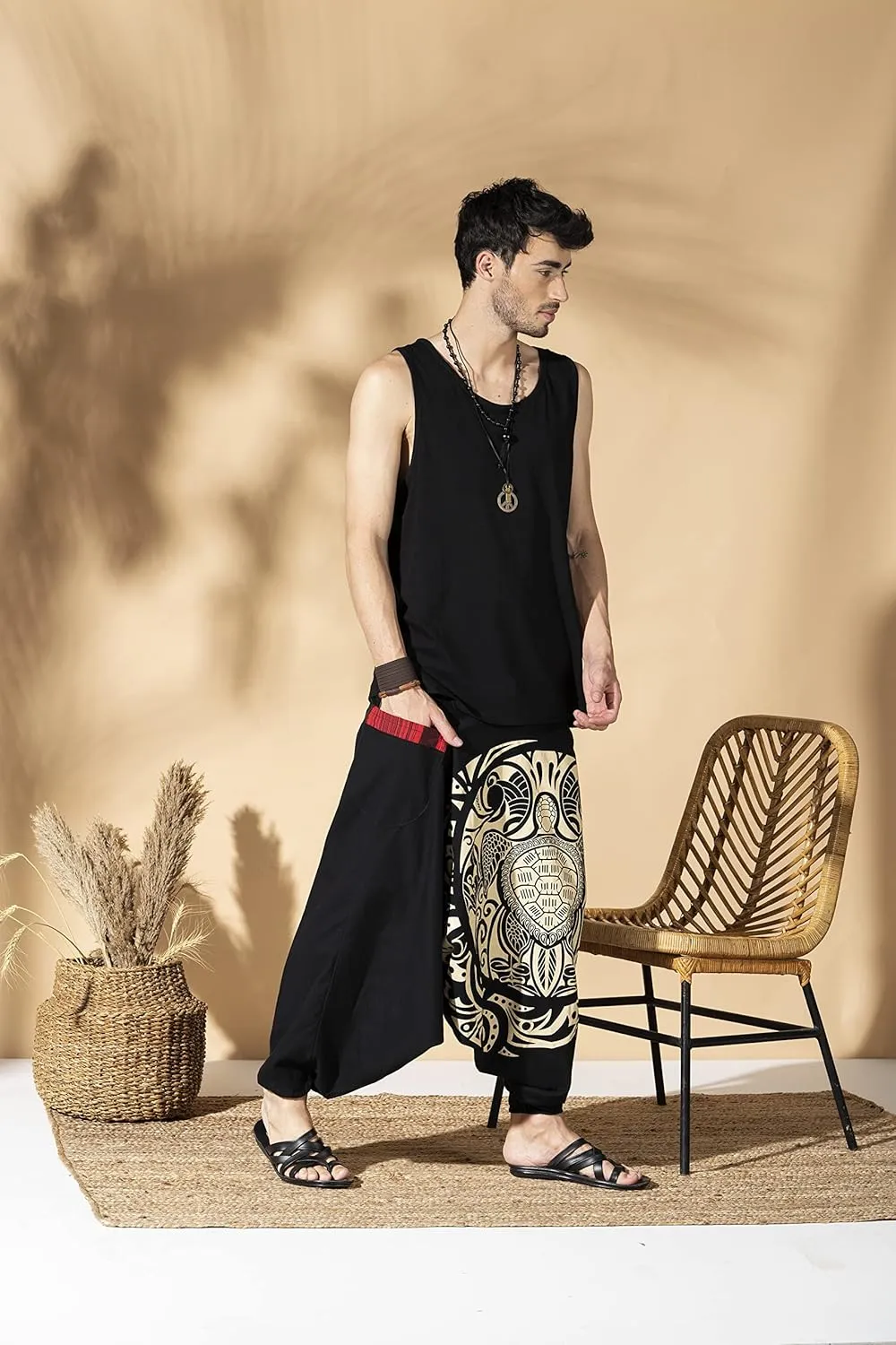Boho Pants Elastic Ankle Harem for Men, Oversized Exercise Pajama Jogger Loose Boho Aladdin Pant