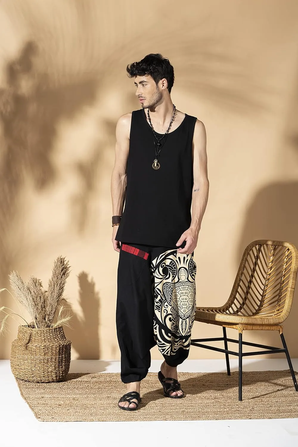 Boho Pants Elastic Ankle Harem for Men, Oversized Exercise Pajama Jogger Loose Boho Aladdin Pant