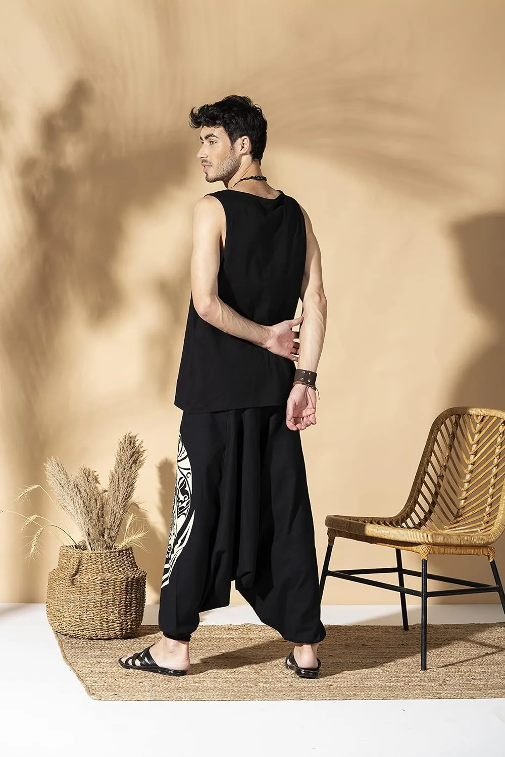 Boho Pants Elastic Ankle Harem for Men, Oversized Exercise Pajama Jogger Loose Boho Aladdin Pant