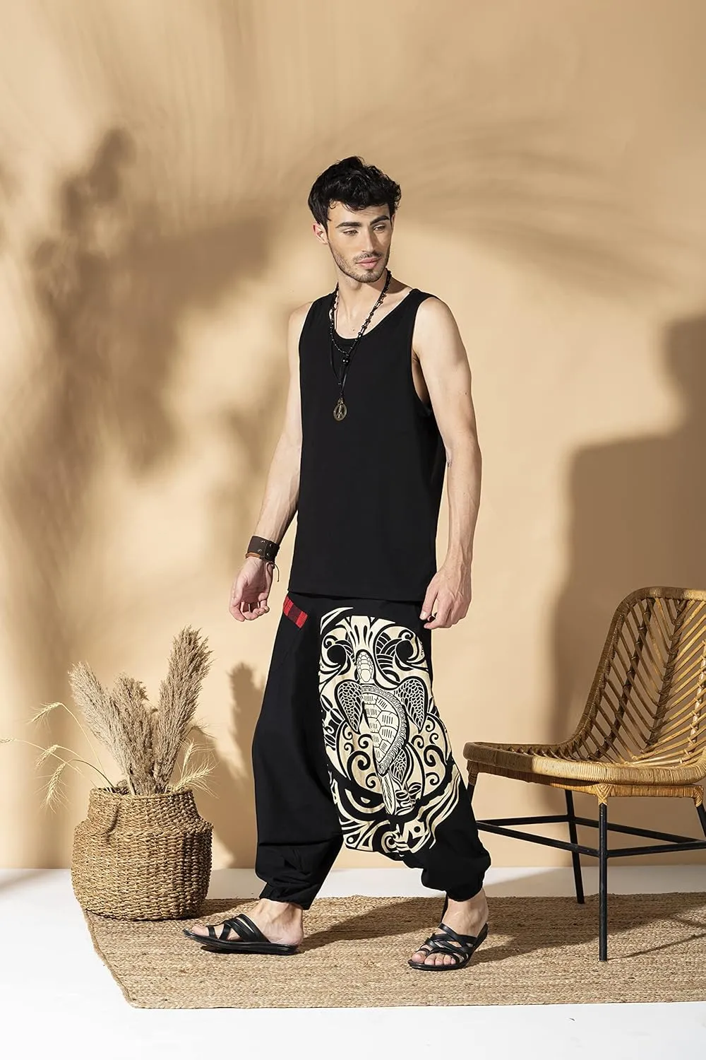 Boho Pants Elastic Ankle Harem for Men, Oversized Exercise Pajama Jogger Loose Boho Aladdin Pant