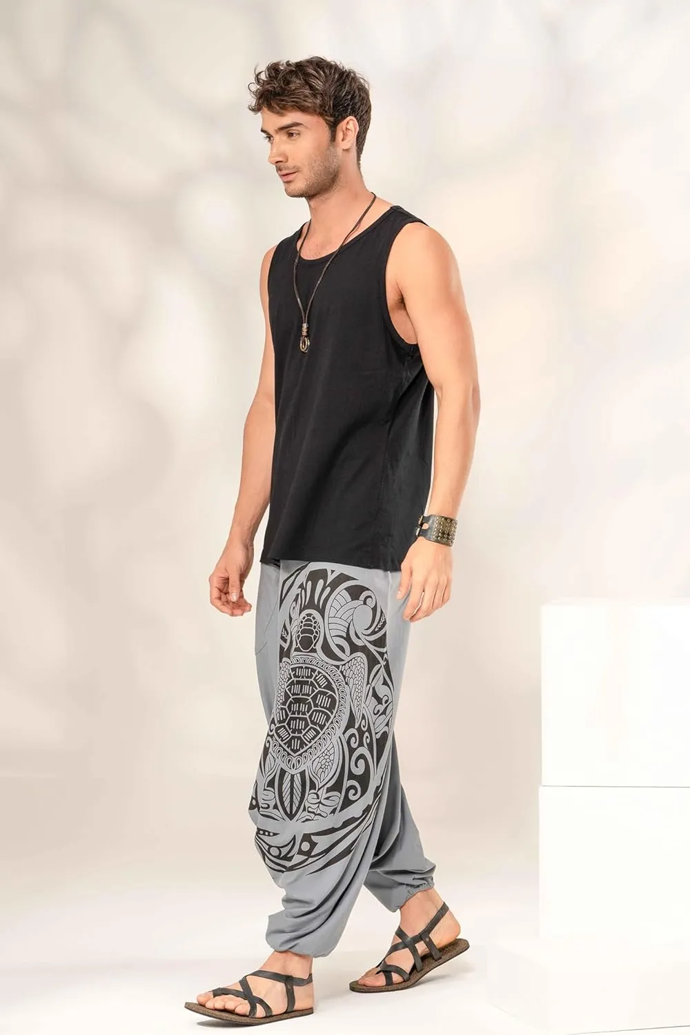 Boho Pants Elastic Ankle Harem for Men, Oversized Exercise Pajama Jogger Loose Boho Aladdin Pant
