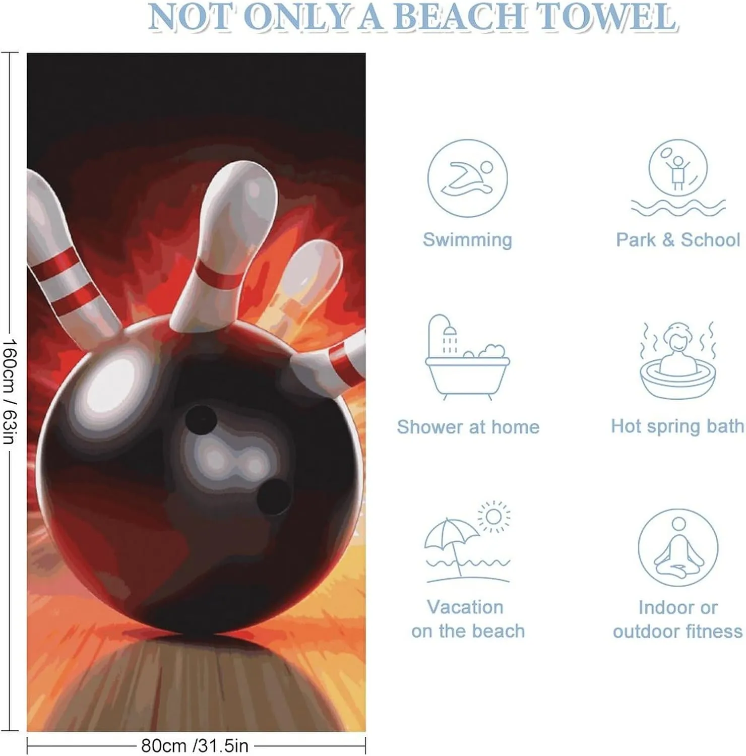 Bowling Ball Beach Towel 31"x63" Double-Sided Plush Towel for Adults, Travel, Pool, Gym & Sports Sand-Free Quick-Dry Bath Towel - Lightweight, Super Absorbent, Sandproof