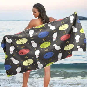 Bowling Pins and Balls Beach Towels Oversized 71x31in Extra Large Pool Towel with Mesh Storage Bag,Lightweight Sand Free Quick Dry Beach Towel Travel Towel for Swim Bath Yoga Camping Gym
