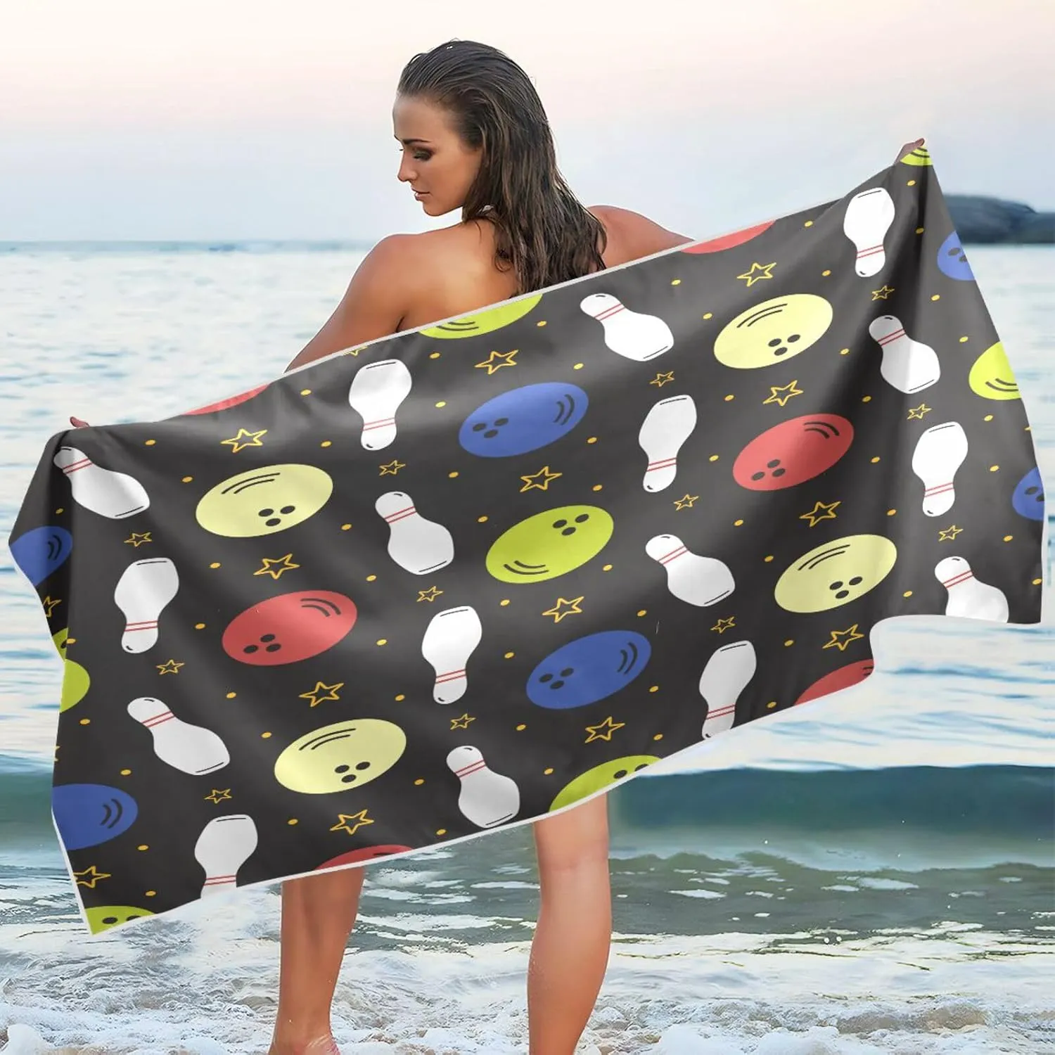 Bowling Pins and Balls Beach Towels Oversized 71x31in Extra Large Pool Towel with Mesh Storage Bag,Lightweight Sand Free Quick Dry Beach Towel Travel Towel for Swim Bath Yoga Camping Gym
