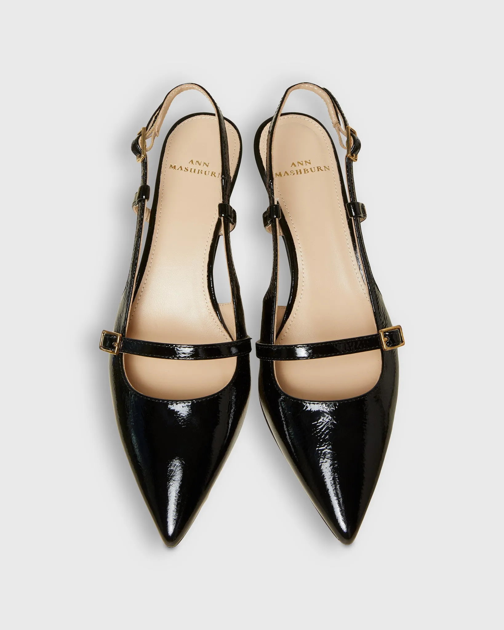 Buckle Slingback Kitten Heel in Black Patent Leather
