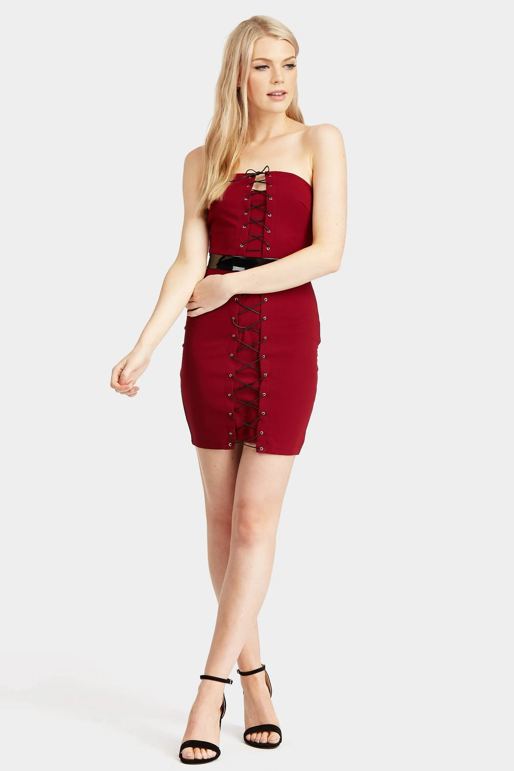 Burgundy Lace Up Front Boob Tube Dress