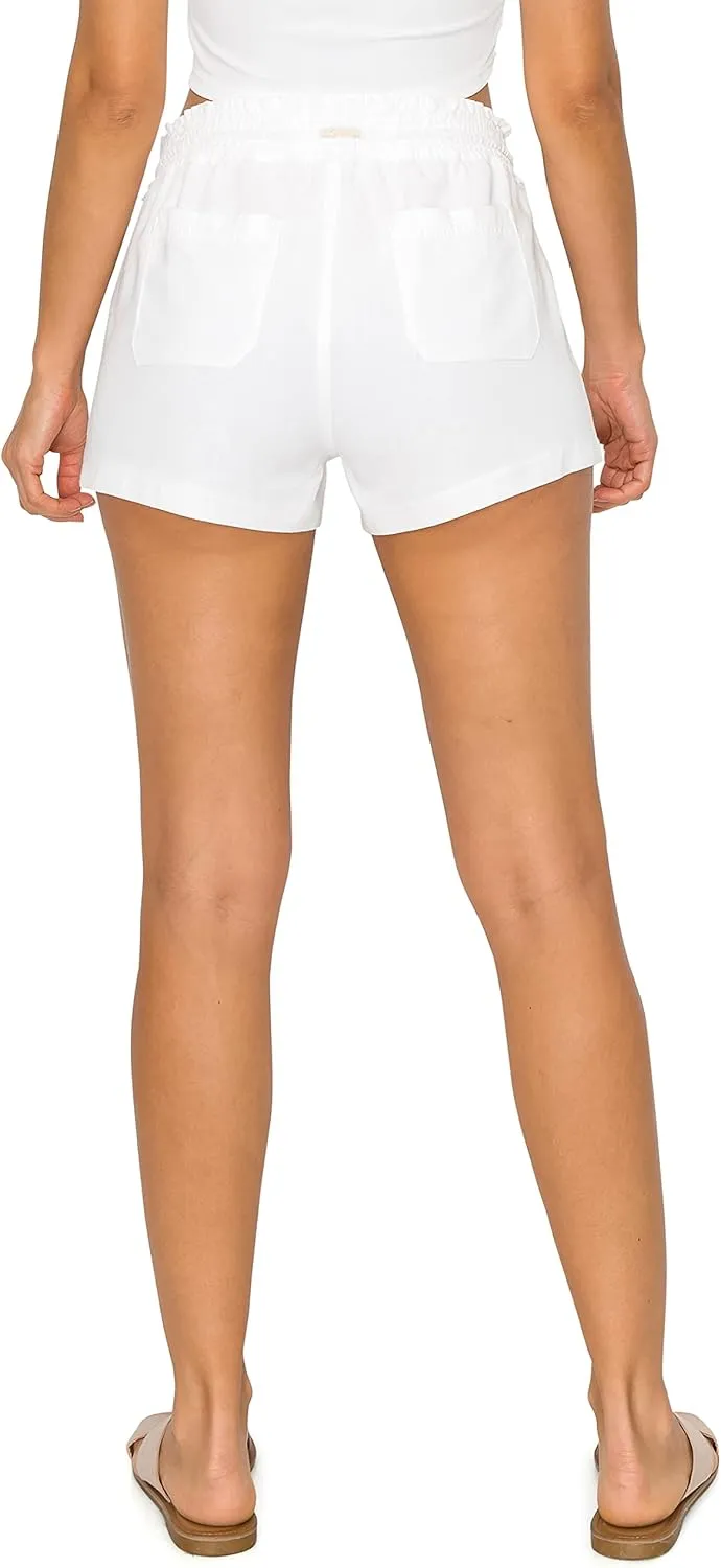 Cali1850 Women's Casual Linen Shorts - Drawstring Smocked Waist Oceanside Lounge Beach Printed Pants with Pockets