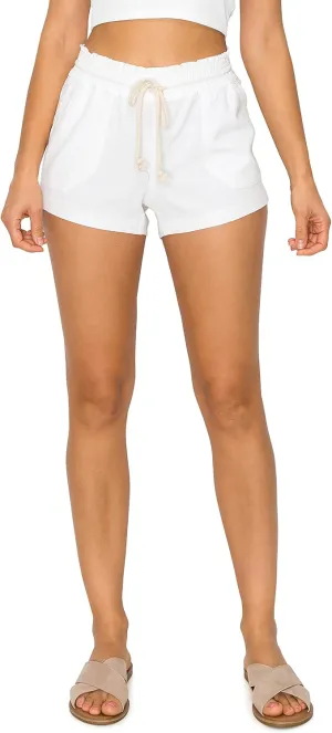 Cali1850 Women's Casual Linen Shorts - Drawstring Smocked Waist Oceanside Lounge Beach Printed Pants with Pockets