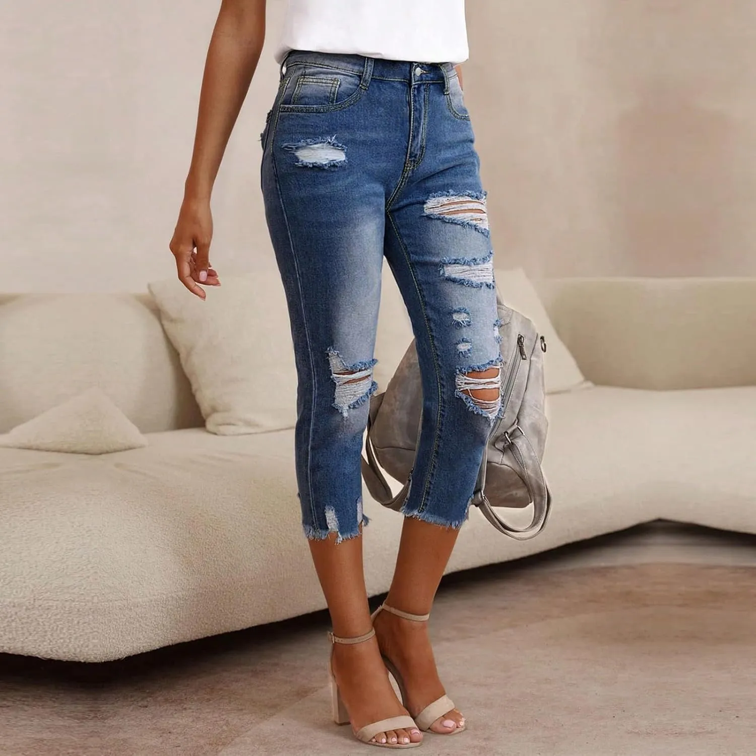 Capri Jeans for Women Stretch High Waisted Distressed Denim Capris Light Wash Ripped Skinny Cropped Jeans Streetwear