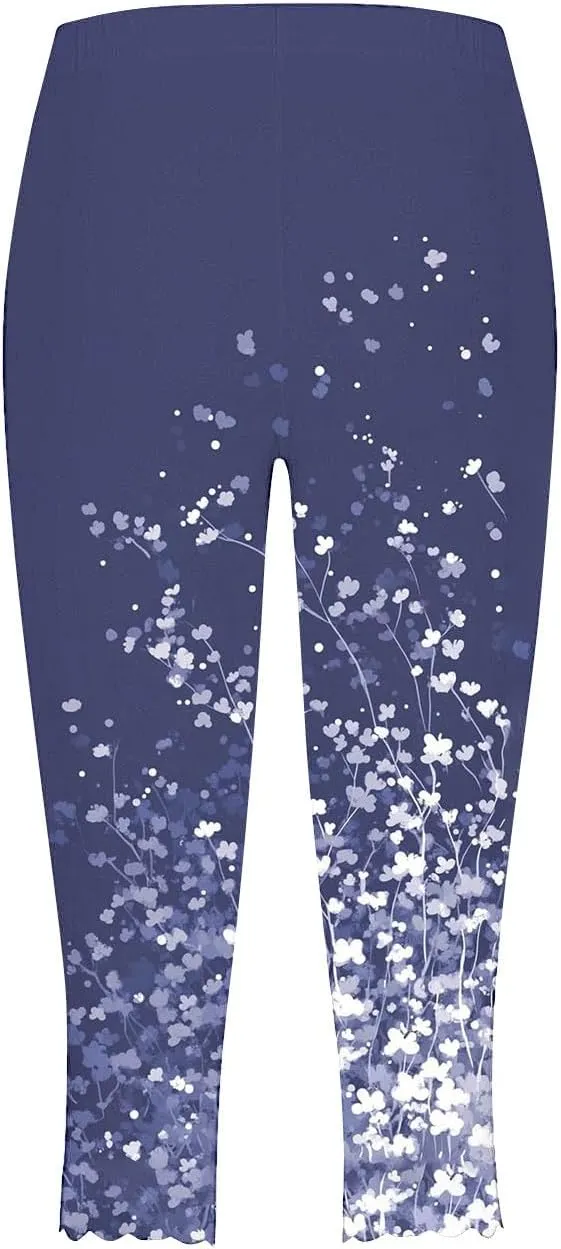 Capri Leggings for Women Floral Print High Waist Tummy Control Capris Comfy Stretch Cropped Yoga Pants Summer Outfits