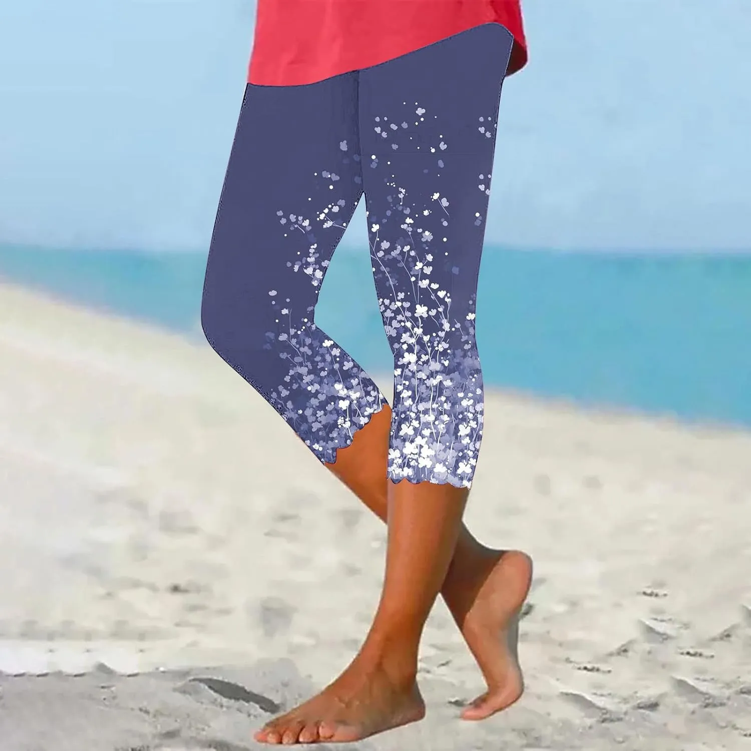 Capri Leggings for Women Floral Print High Waist Tummy Control Capris Comfy Stretch Cropped Yoga Pants Summer Outfits
