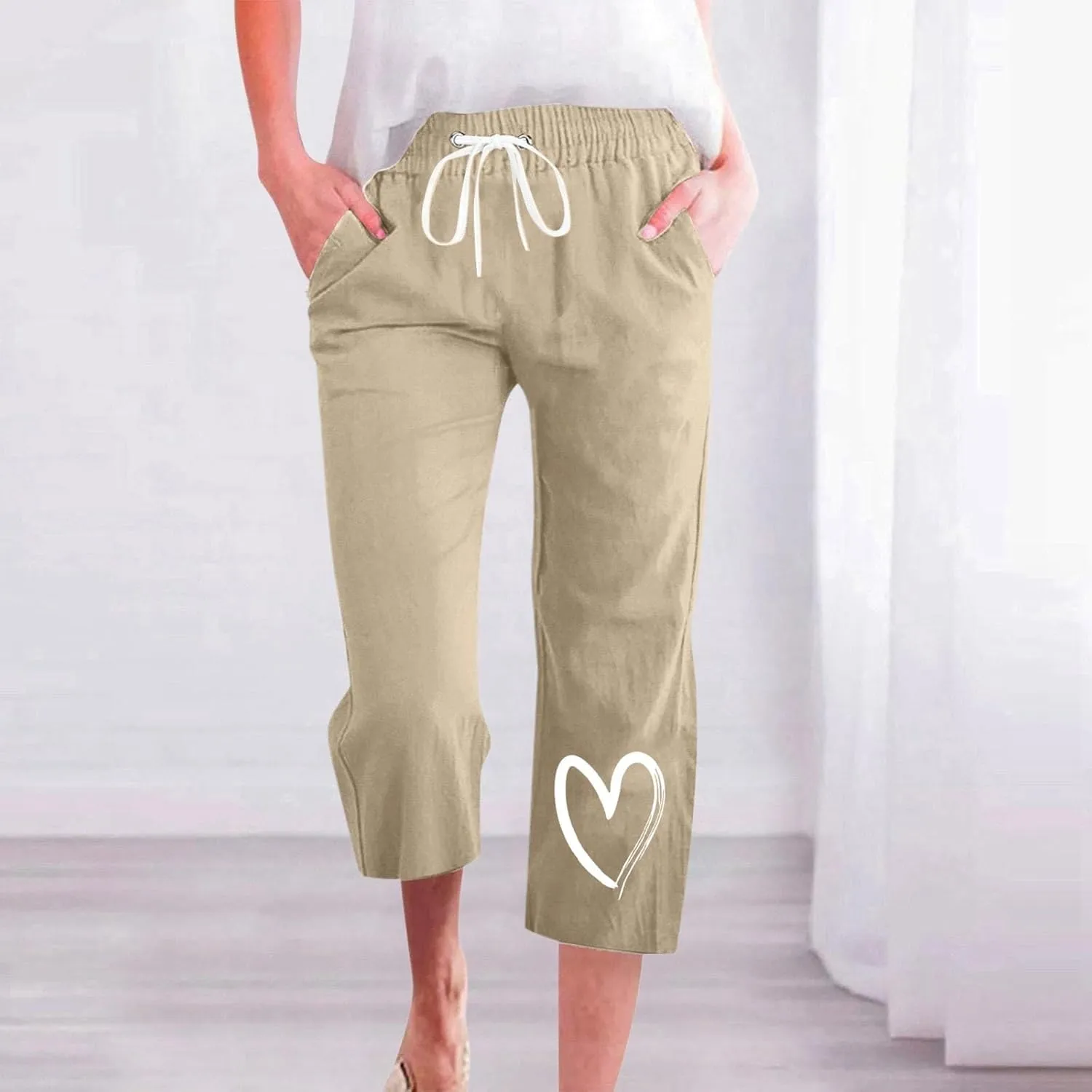 Capri Pants for Women Casual Summer Linen Heart Print Capris Drawstring Elastic Waist Cropped Trouser with Pockets