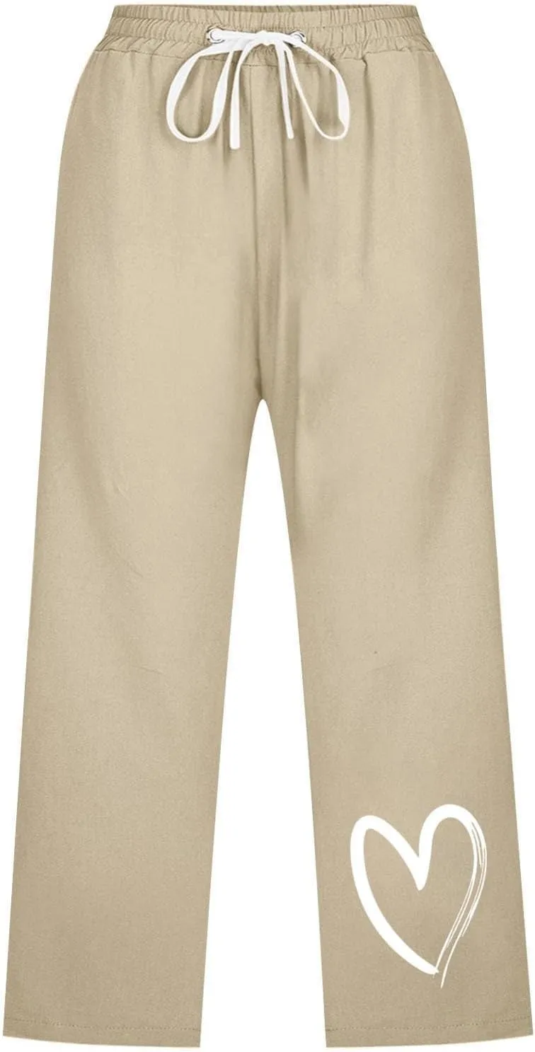 Capri Pants for Women Casual Summer Linen Heart Print Capris Drawstring Elastic Waist Cropped Trouser with Pockets