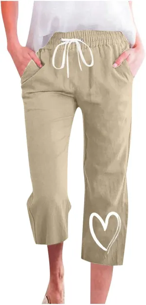 Capri Pants for Women Casual Summer Linen Heart Print Capris Drawstring Elastic Waist Cropped Trouser with Pockets