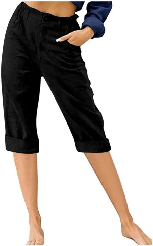 Capri Pants for Women Cotton Linen Casual Summer 2025 Straight Lounge Pants Elastic Waist Comfy Beach Cropped Trouser
