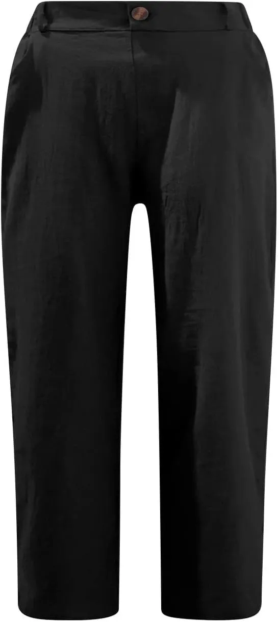 Capri Pants for Women Cotton Linen Casual Summer 2025 Straight Lounge Pants Elastic Waist Comfy Beach Cropped Trouser