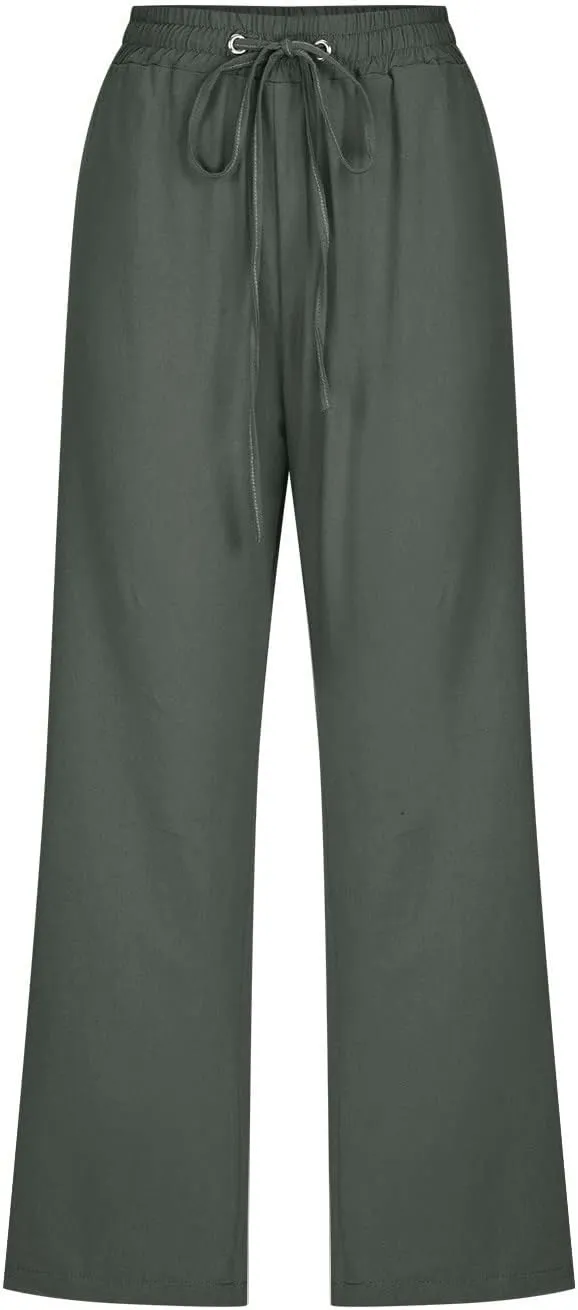Capri Pants for Women Plus Size Cotton Petite Drawstring Elastic Waist Solid Color Comfy Trousers with Pockets