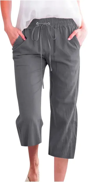 Capri Pants for Women Plus Size Cotton Petite Drawstring Elastic Waist Solid Color Comfy Trousers with Pockets