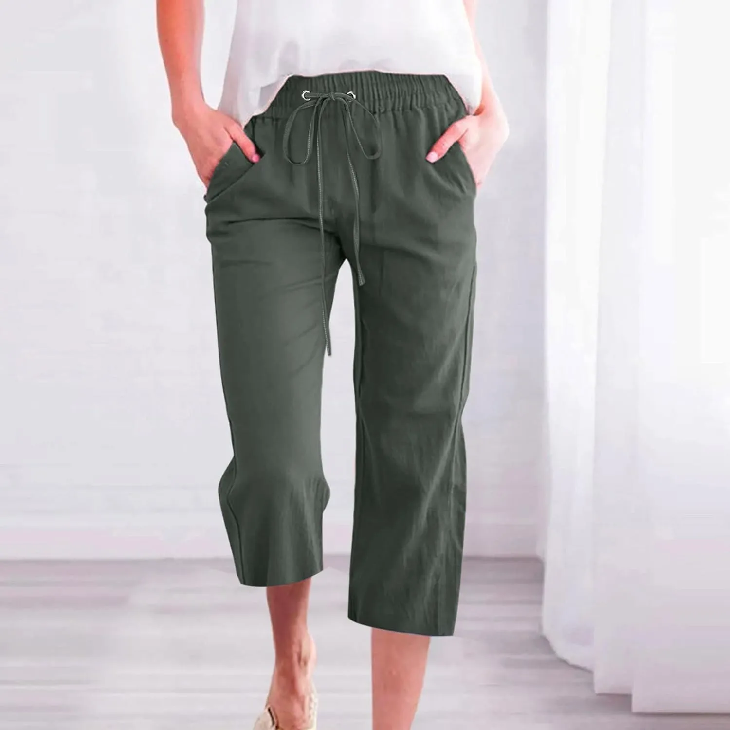 Capri Pants for Women Plus Size Cotton Petite Drawstring Elastic Waist Solid Color Comfy Trousers with Pockets