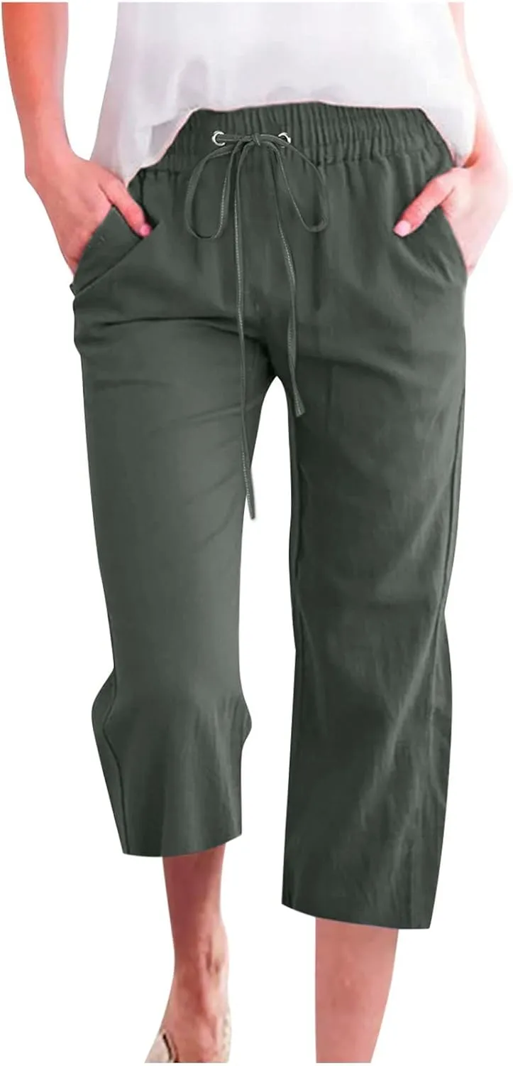 Capri Pants for Women Plus Size Cotton Petite Drawstring Elastic Waist Solid Color Comfy Trousers with Pockets