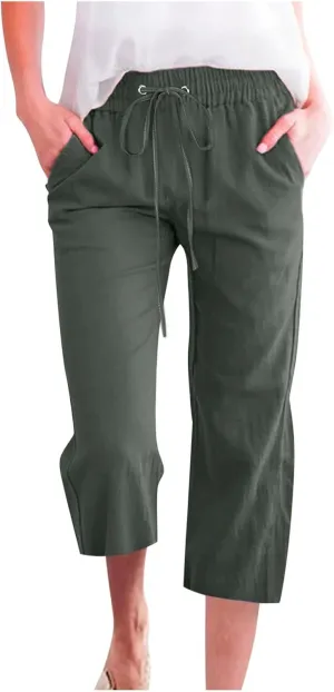 Capri Pants for Women Plus Size Cotton Petite Drawstring Elastic Waist Solid Color Comfy Trousers with Pockets