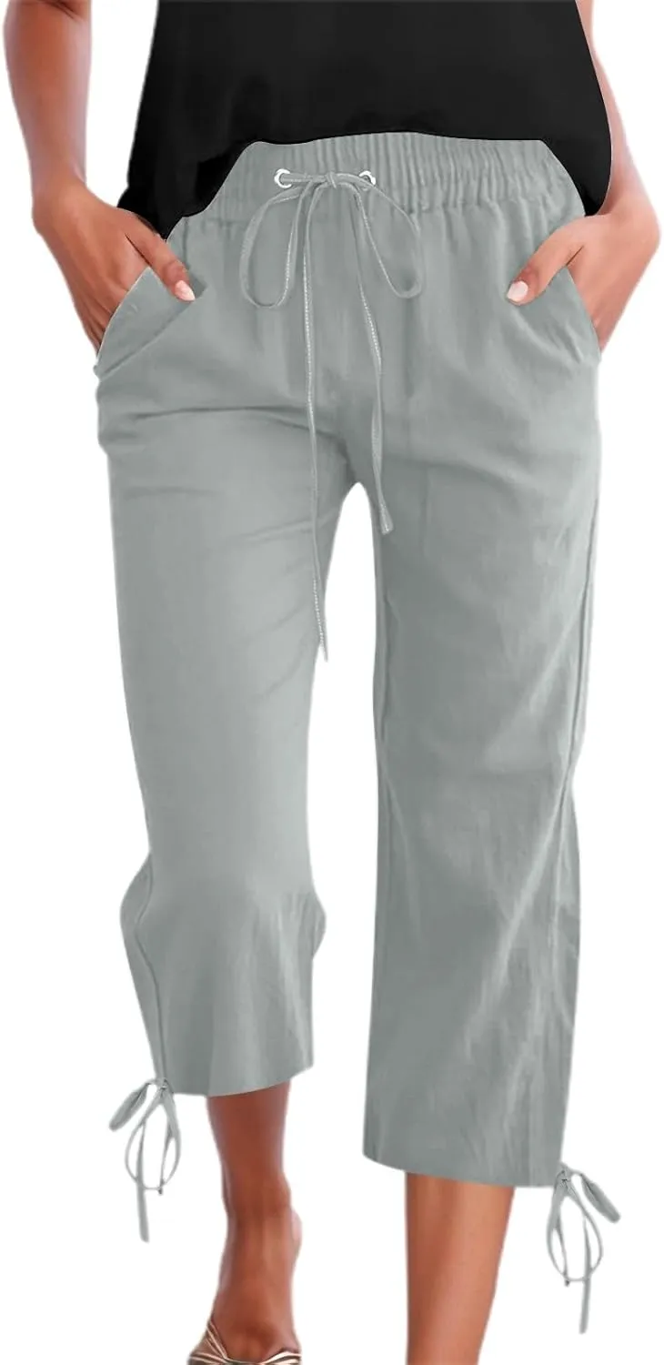Capris Pants for Women Casual Summer 2025 Linen Straight Leg Cropped Trouser Drawstring Elastic Waist Beach Pants