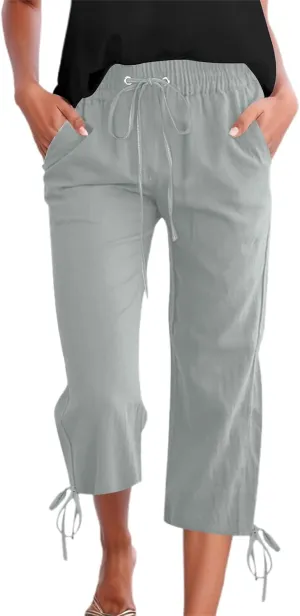 Capris Pants for Women Casual Summer 2025 Linen Straight Leg Cropped Trouser Drawstring Elastic Waist Beach Pants