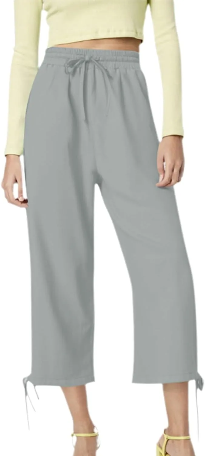 Capris Pants for Women Casual Summer 2025 Linen Straight Leg Cropped Trouser Drawstring Elastic Waist Beach Pants