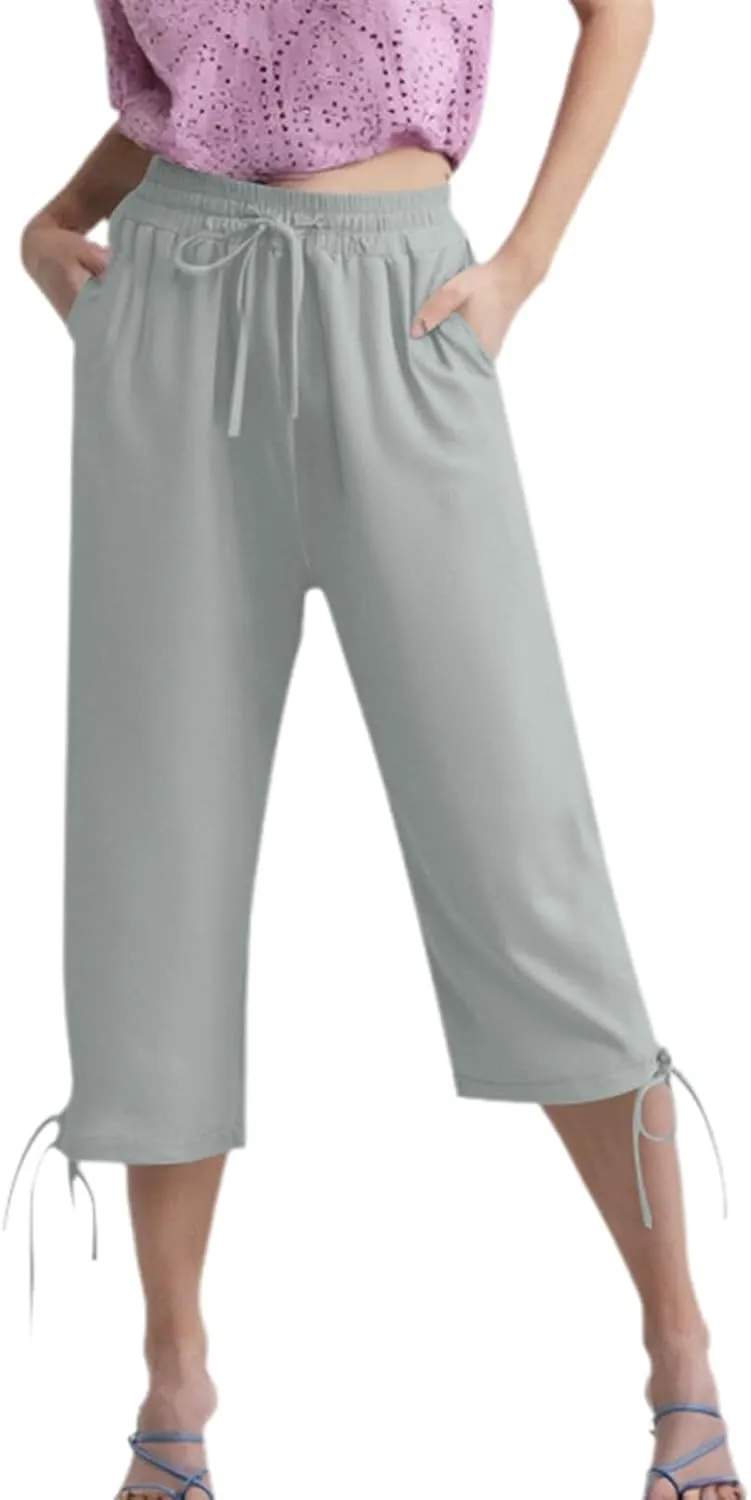 Capris Pants for Women Casual Summer 2025 Linen Straight Leg Cropped Trouser Drawstring Elastic Waist Beach Pants
