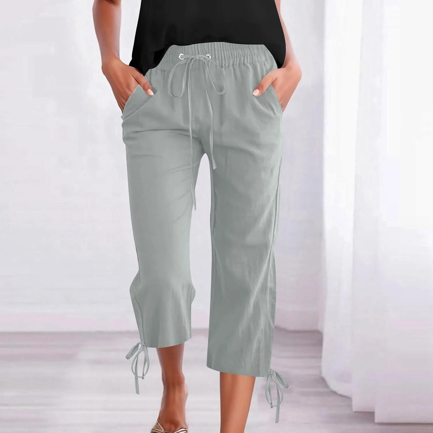 Capris Pants for Women Casual Summer 2025 Linen Straight Leg Cropped Trouser Drawstring Elastic Waist Beach Pants