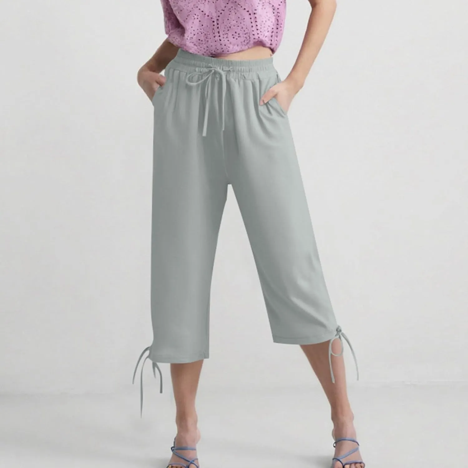 Capris Pants for Women Casual Summer 2025 Linen Straight Leg Cropped Trouser Drawstring Elastic Waist Beach Pants