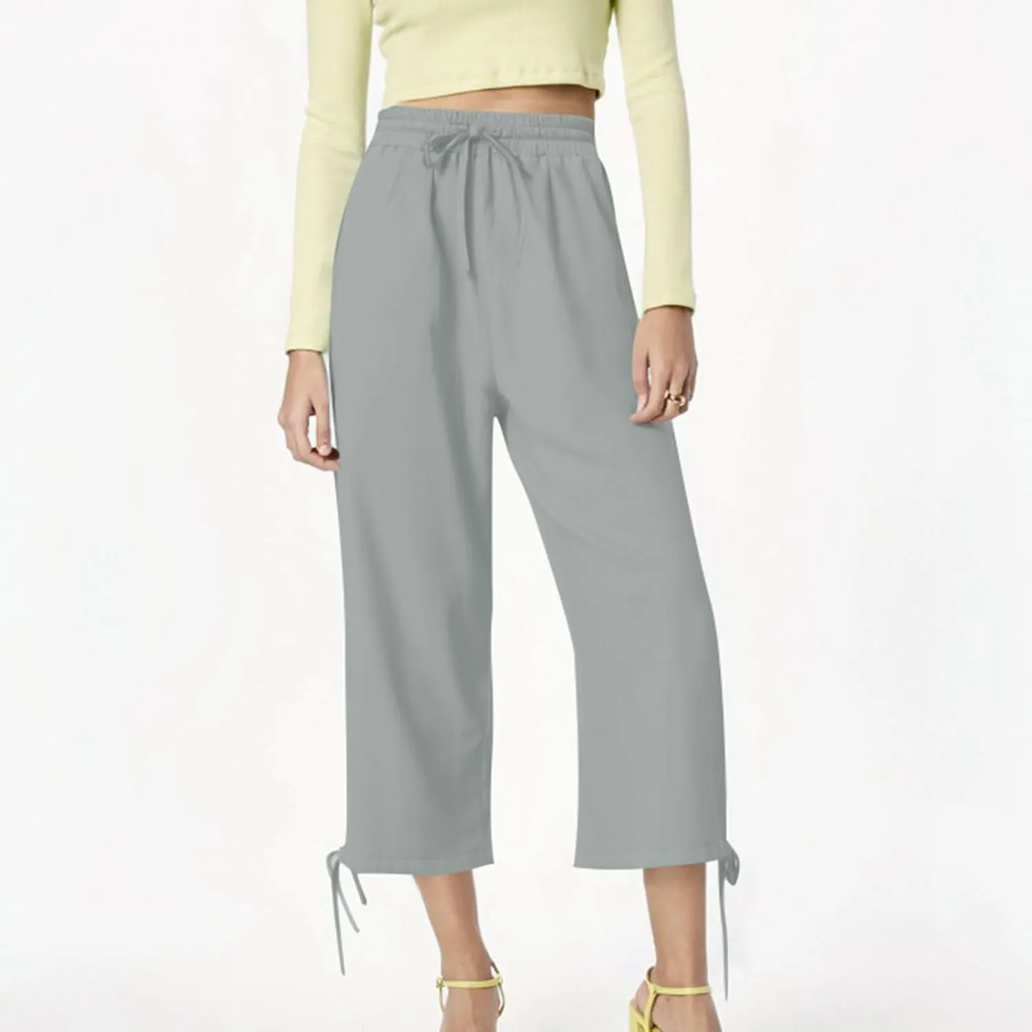 Capris Pants for Women Casual Summer 2025 Linen Straight Leg Cropped Trouser Drawstring Elastic Waist Beach Pants
