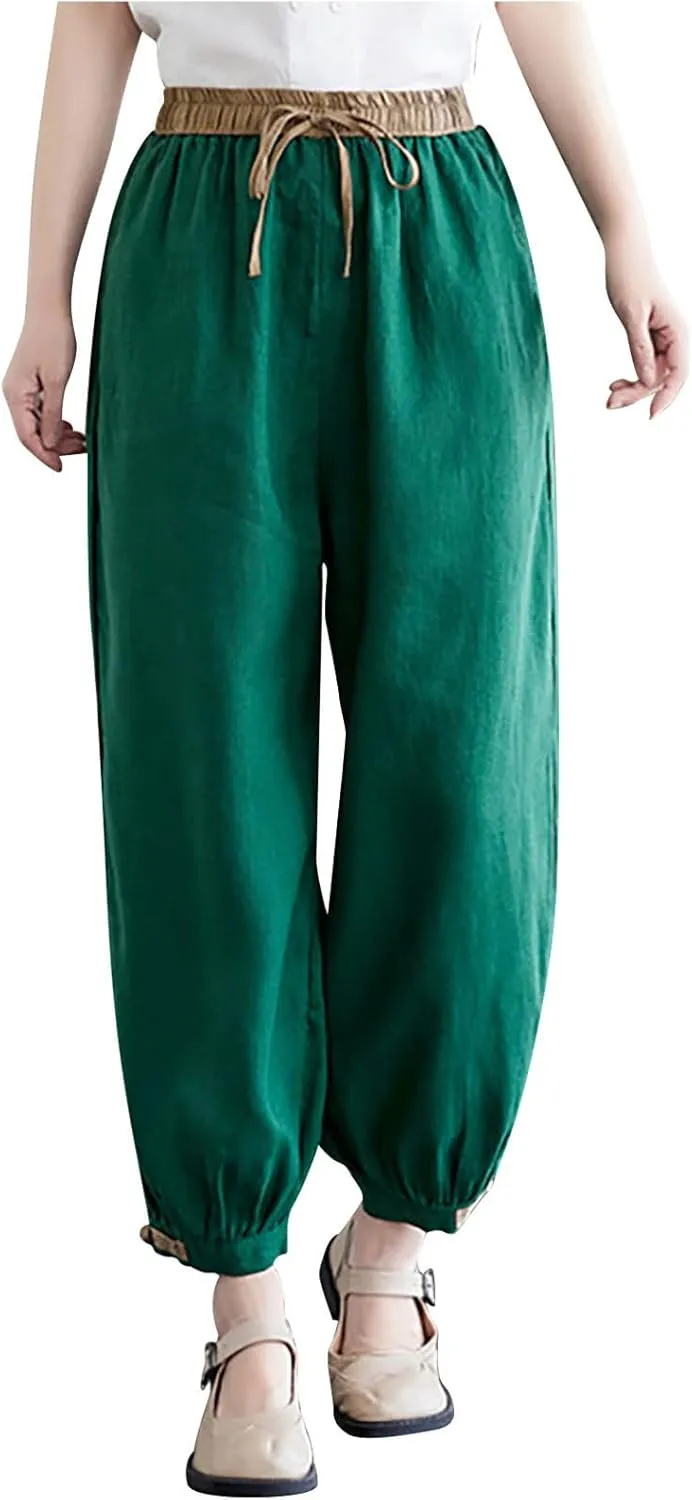 Ceboye Women's High Waist Linen Pants Drawstring Summer Baggy Lantern Tapered Trousers Flax Ankle Comfy Harem Pants