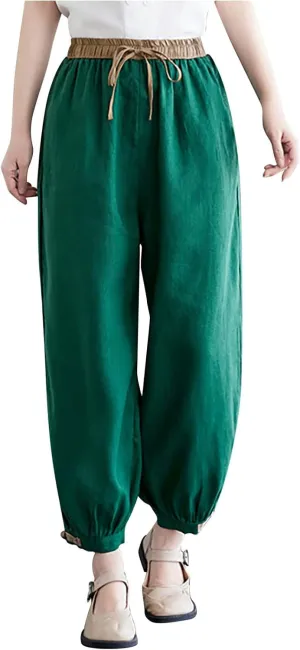 Ceboye Women's High Waist Linen Pants Drawstring Summer Baggy Lantern Tapered Trousers Flax Ankle Comfy Harem Pants