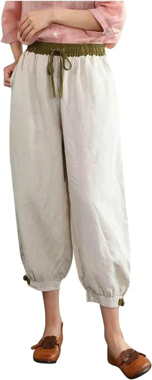Ceboye Women's High Waist Linen Pants Drawstring Summer Baggy Lantern Tapered Trousers Flax Ankle Comfy Harem Pants