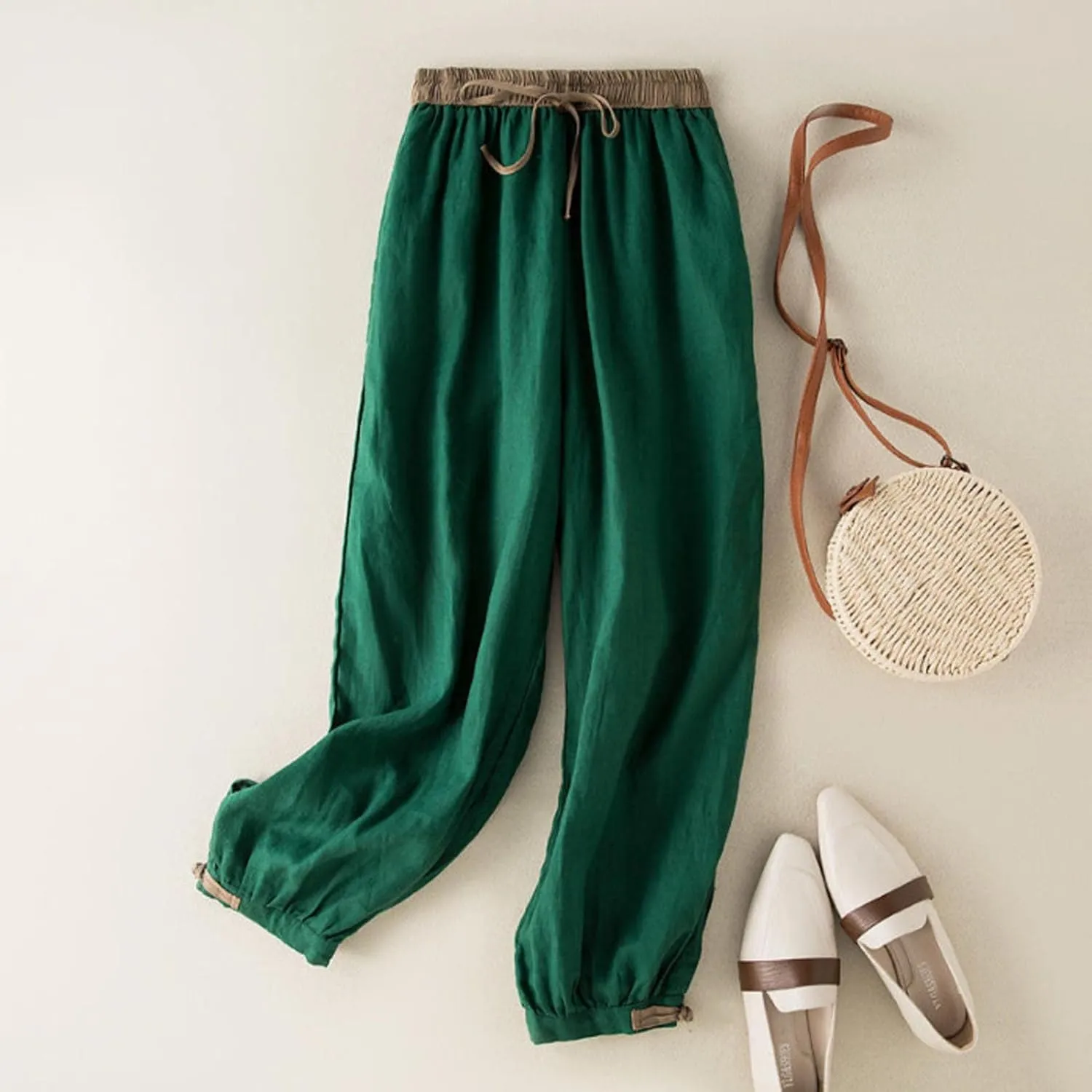 Ceboye Women's High Waist Linen Pants Drawstring Summer Baggy Lantern Tapered Trousers Flax Ankle Comfy Harem Pants