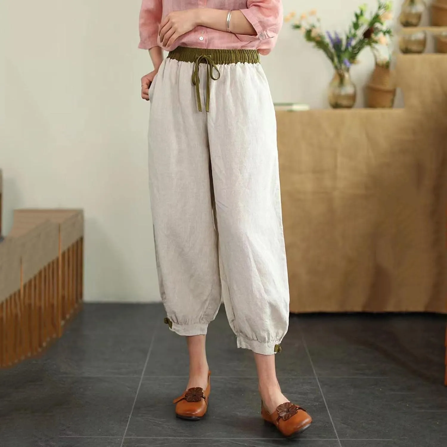 Ceboye Women's High Waist Linen Pants Drawstring Summer Baggy Lantern Tapered Trousers Flax Ankle Comfy Harem Pants