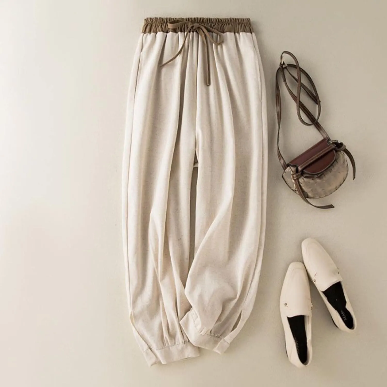 Ceboye Women's High Waist Linen Pants Drawstring Summer Baggy Lantern Tapered Trousers Flax Ankle Comfy Harem Pants