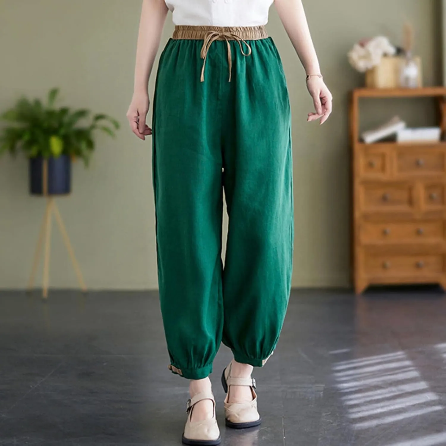 Ceboye Women's High Waist Linen Pants Drawstring Summer Baggy Lantern Tapered Trousers Flax Ankle Comfy Harem Pants