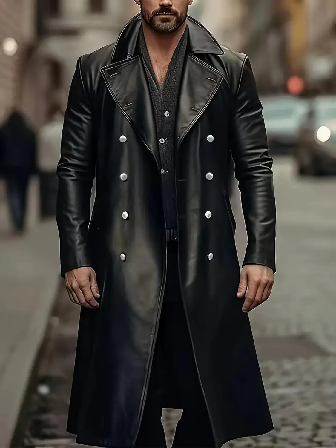 Ceehuteey Mens Leather Jacket Vintage Long Steampunk Overcoat Faux Leather Jacket Trench Coat