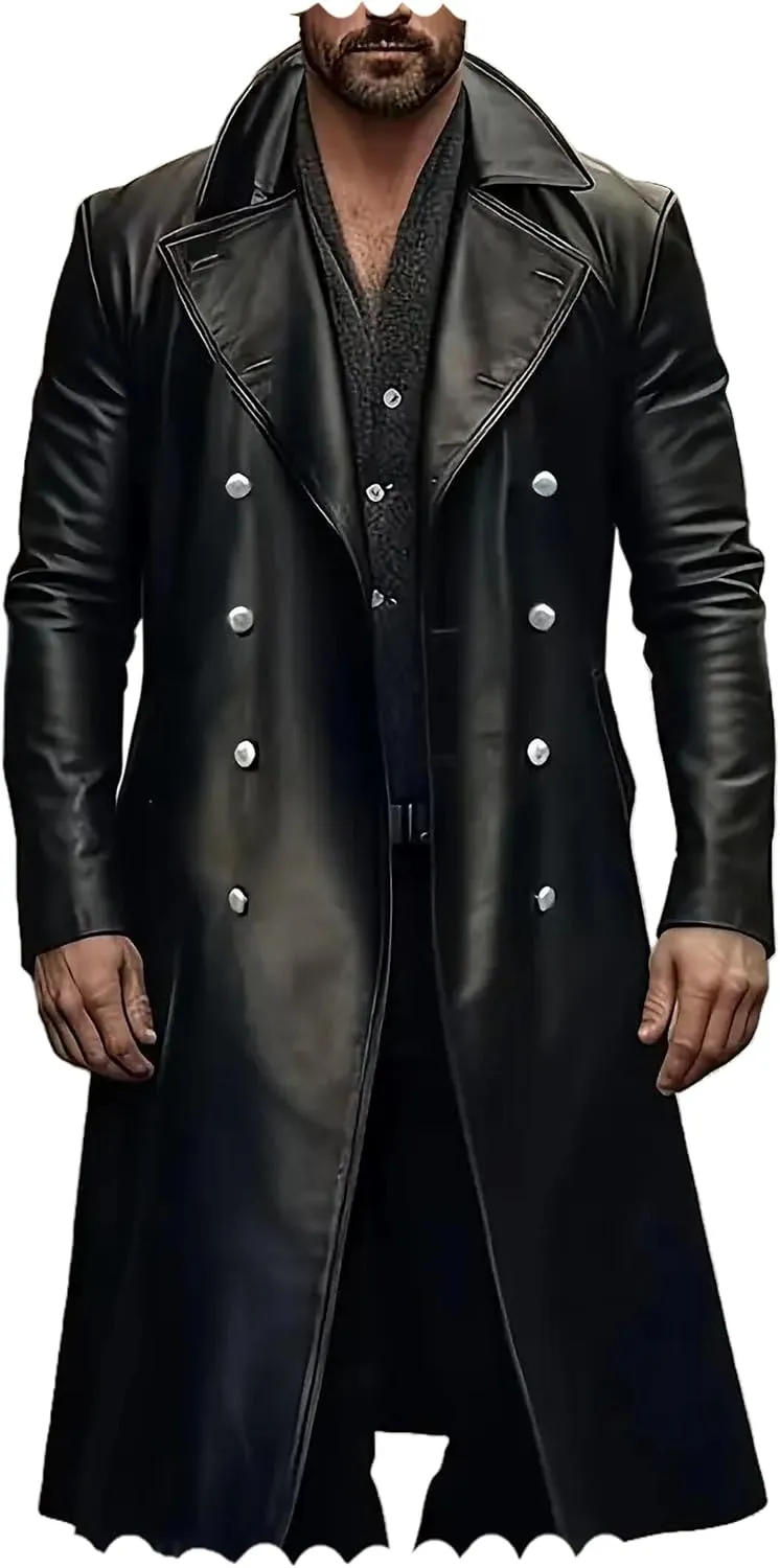 Ceehuteey Mens Leather Jacket Vintage Long Steampunk Overcoat Faux Leather Jacket Trench Coat