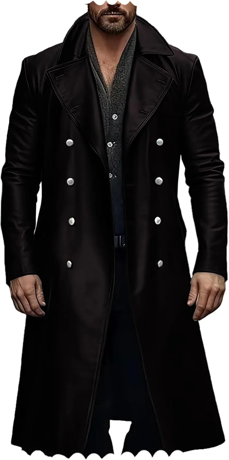 Ceehuteey Mens Leather Jacket Vintage Long Steampunk Overcoat Faux Leather Jacket Trench Coat